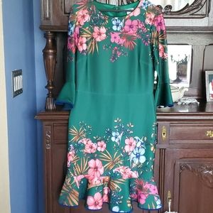 Romantic dress, green/pink floral, like new L